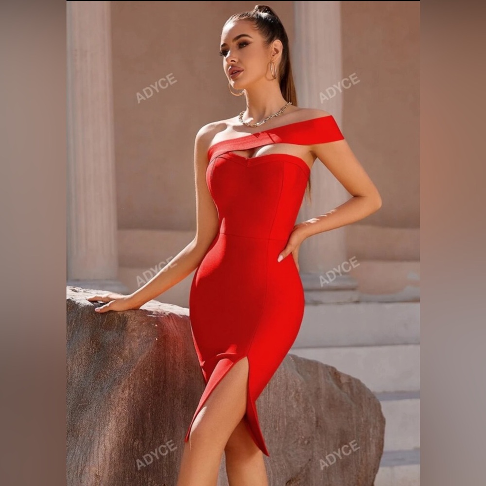 Red one shoulder bandage bodcon dress